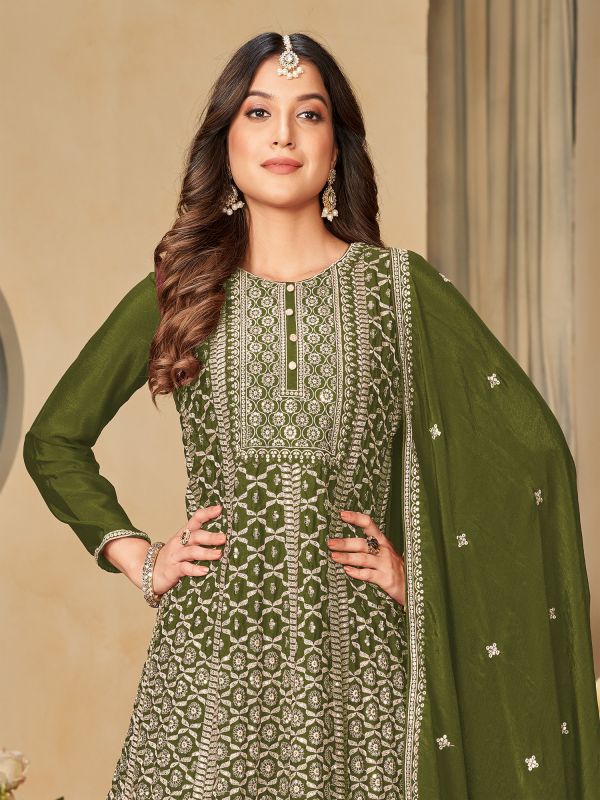 Green Sequins Work Salwar Kameez In Sharara Style
