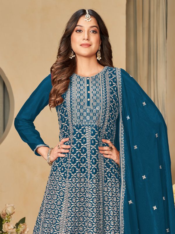 Blue Sharara Style Salwar Kameez In Chinon Silk