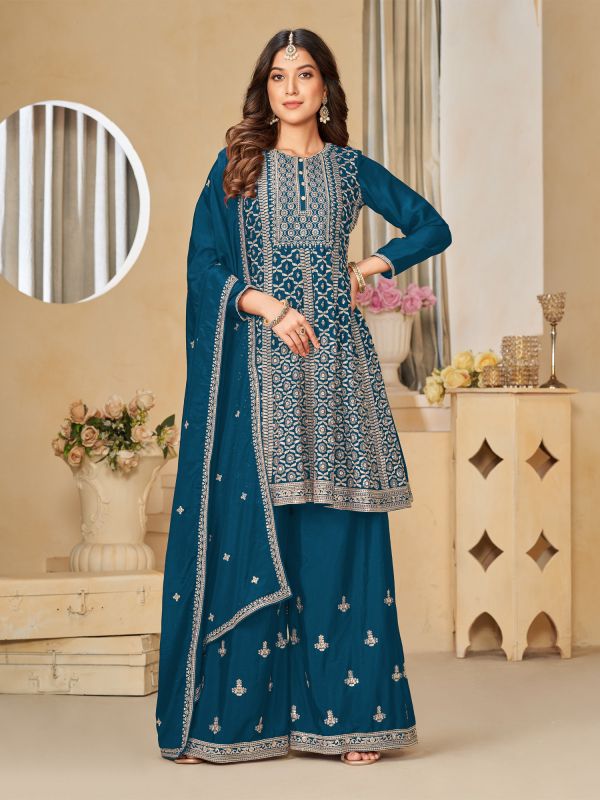 Blue Sharara Style Salwar Kameez In Chinon Silk