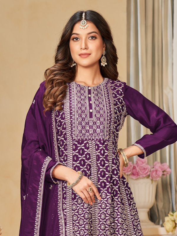 Purple Silk Shrarara Suit With Flared Kameez