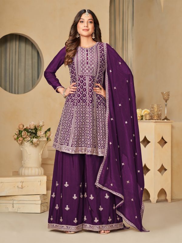 Purple Silk Shrarara Suit With Flared Kameez