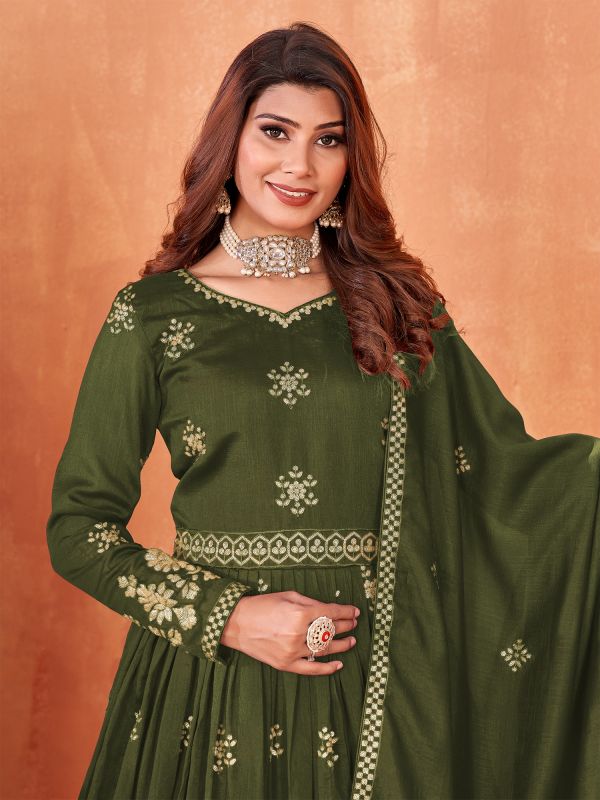 Moss Green Anarkali Style Salwar Kameez In Art Silk