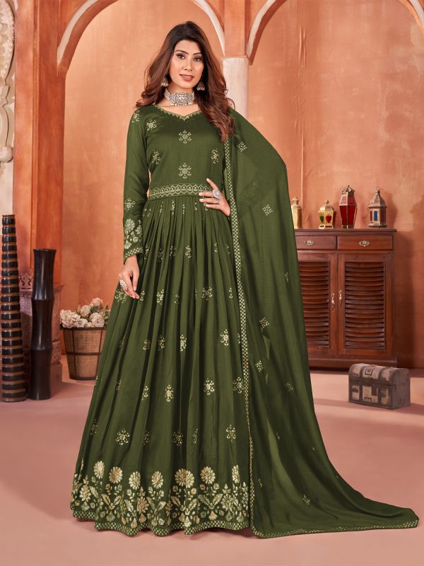 Moss Green Anarkali Style Salwar Kameez In Art Silk