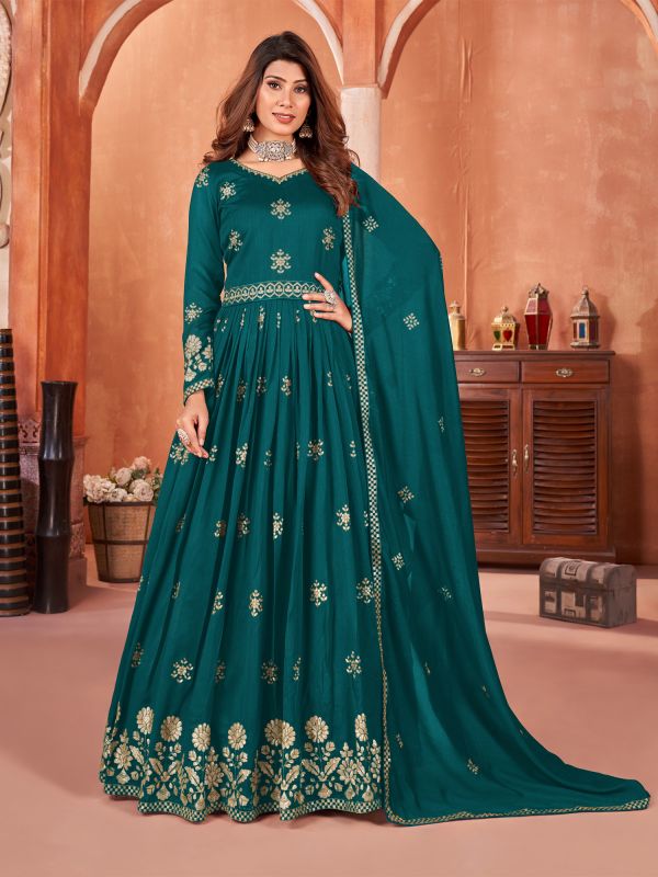 Teal Green Silk Sequined Salwar Kameez In Anarkali Style