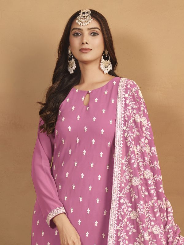 Pink Thread Embroidered Pant Style Salwar Suit