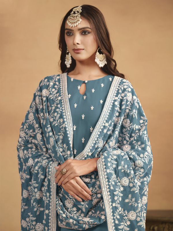 Blue Pant Style Salwar Suit In Thread Work