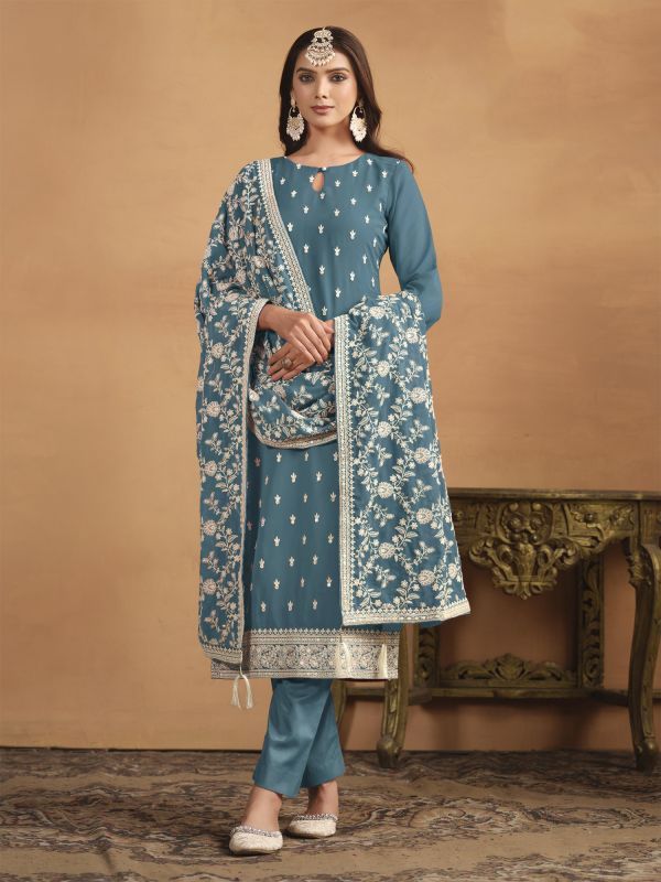 Blue Pant Style Salwar Suit In Thread Work
