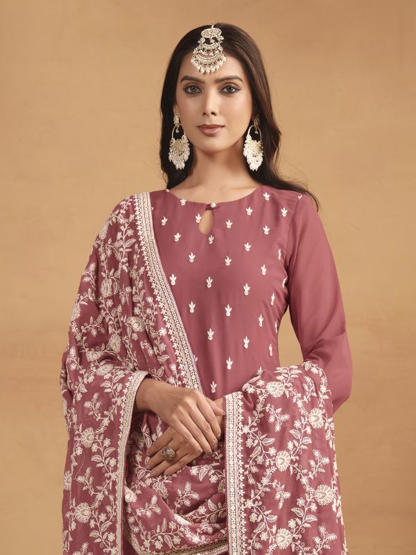 Mauve Casual Pant Style Salwar Suit In Georgette