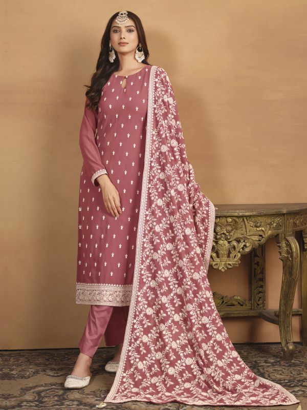 Mauve Casual Pant Style Salwar Suit In Georgette
