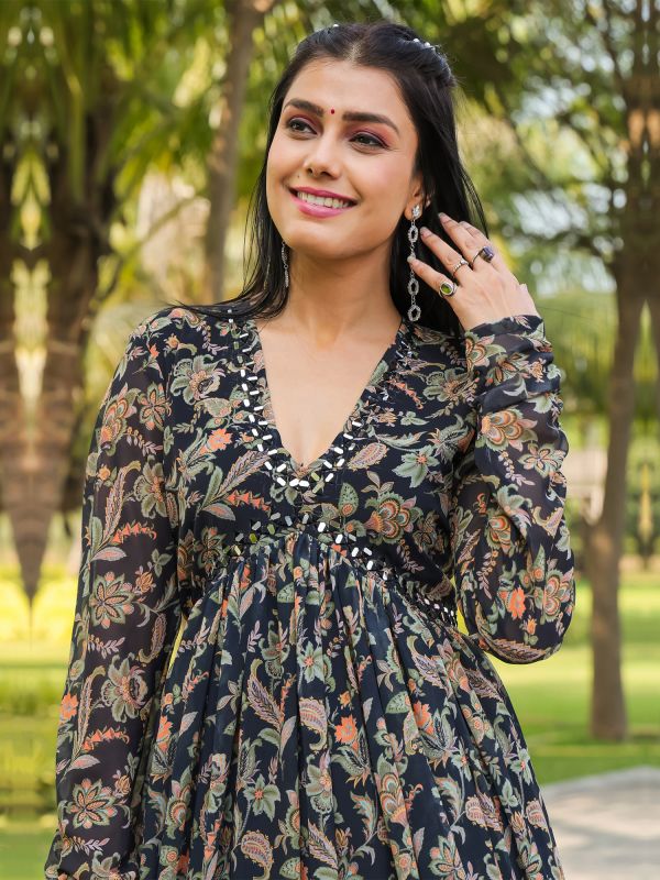 Black Georgette Anarkali Salwar Suit In Floral Print