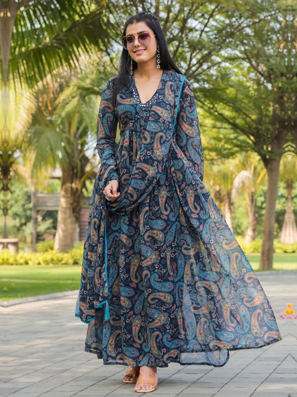 Blue Digital Printed Anarkali Suit With Dupatta