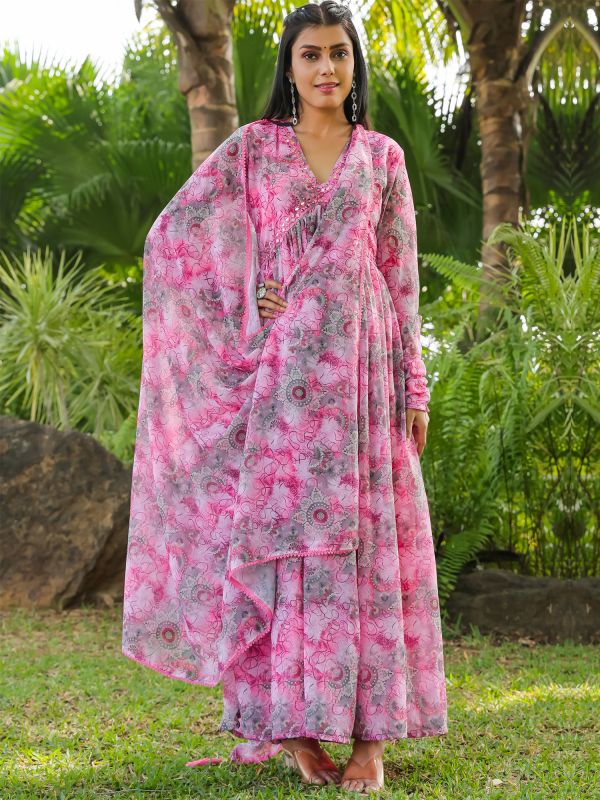 Pink Printed Readymade Suit In Anarkali Style