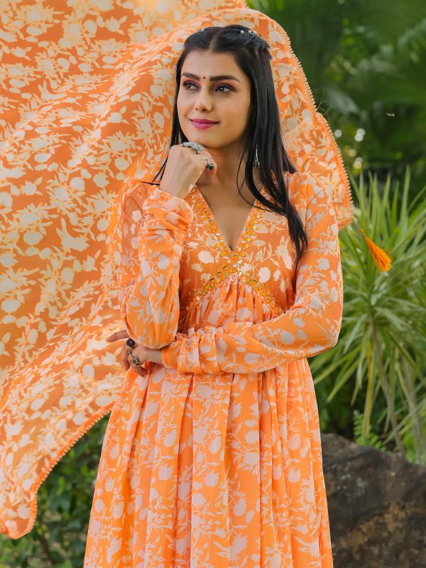Orange Anarkali Style Salwar Suit With Full Sleeves
