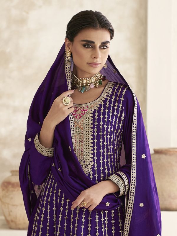Violet Purple Flare Style Embroidered Salwar Suit In Chinon Silk