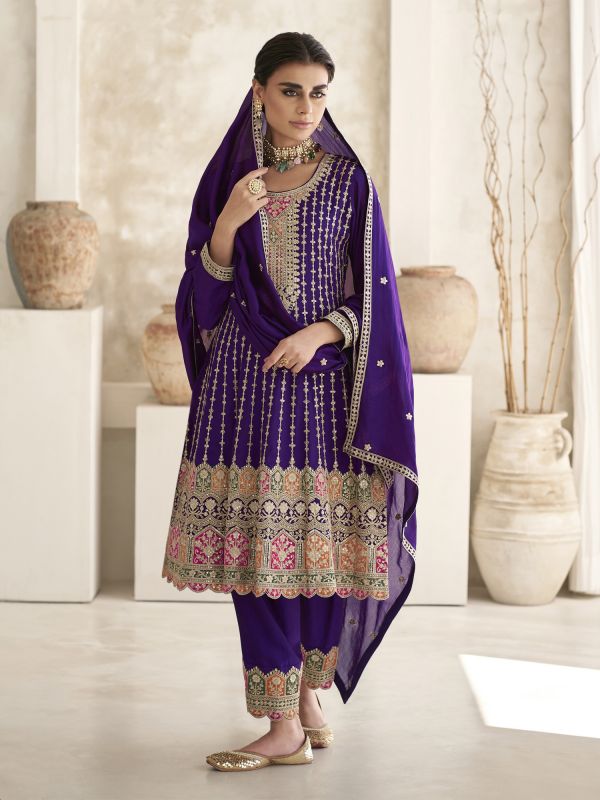 Violet Purple Flare Style Embroidered Salwar Suit In Chinon Silk