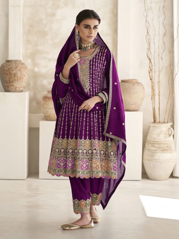 Purple Zari Embroiderd Chinon Silk Sawlar Suit In Flare Style