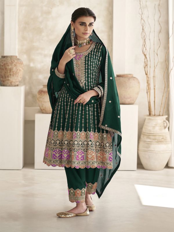 Dark Green Chinon Silk Salwar Suit In Heavy Zari Embroidery