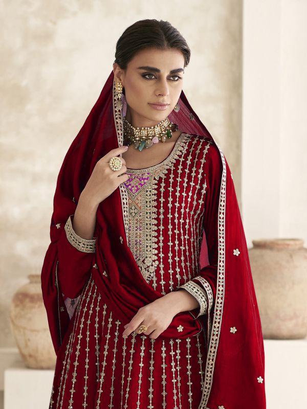 Deep Red Heavy Zari Embroidered Flare Style Salwar Kameez