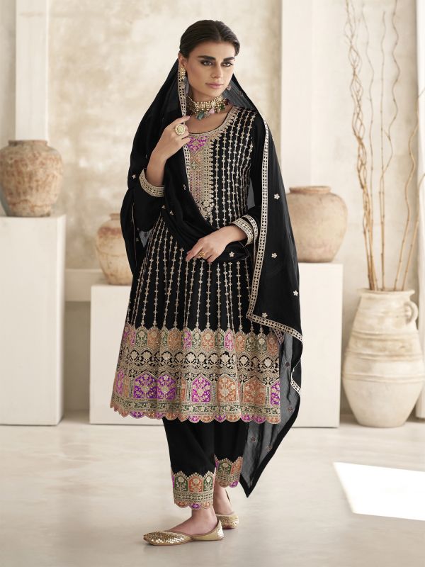 Black Zari Embellished Chinon Silk Salwar Kameez In Flare Style