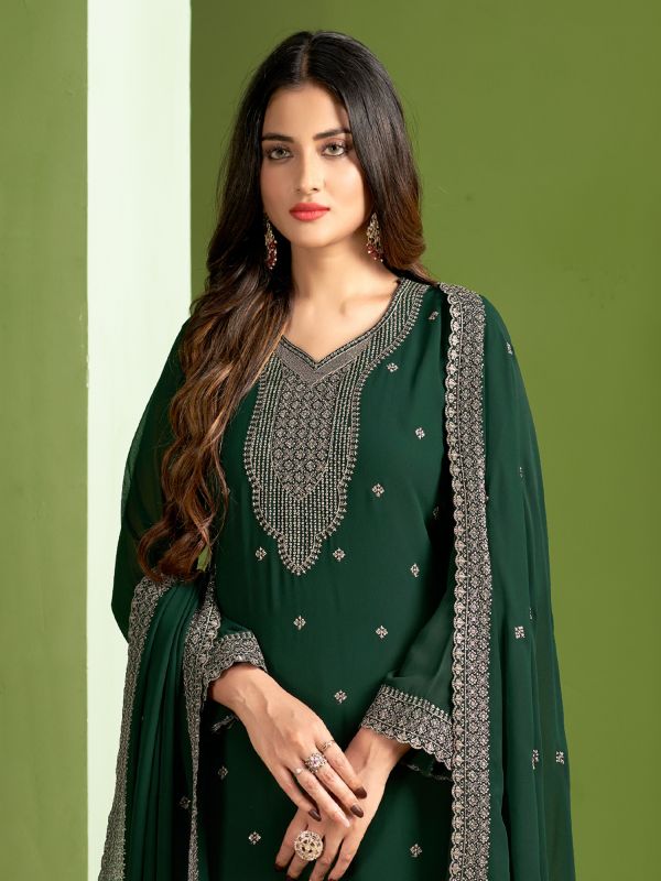 Dark Green Sequined Salwar Kameez In Pant Style