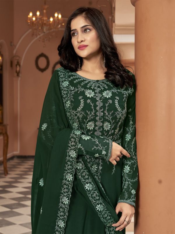 Green Floral Thread Embellished Anarkali Styled Suit
