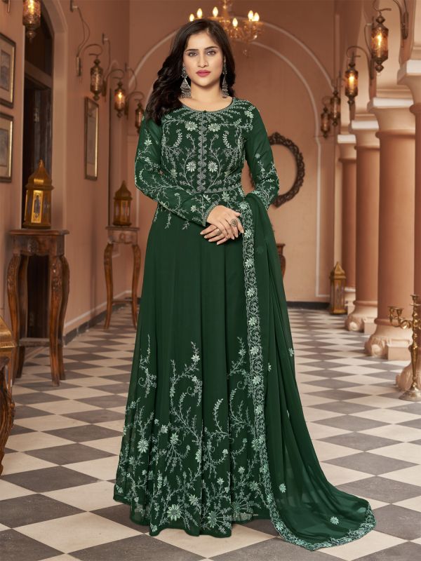 Green Floral Thread Embellished Anarkali Styled Suit