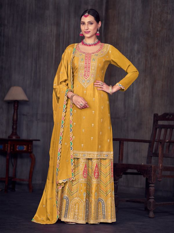 Yellow Sharara Style Suit In Zari Embroidery