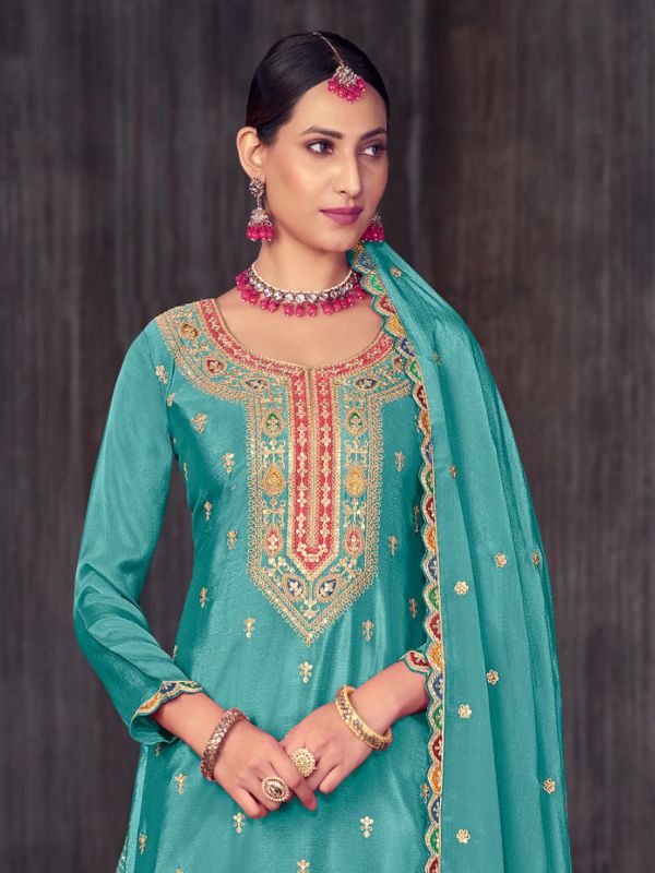 Turquoise Chinon Silk Sharara Style Salwar Kameez