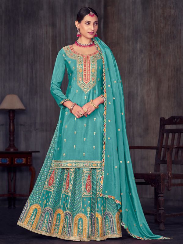 Turquoise Chinon Silk Sharara Style Salwar Kameez