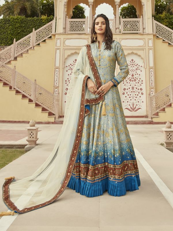 Blue Bandhej Printed Readymade Anarkali Suit Set