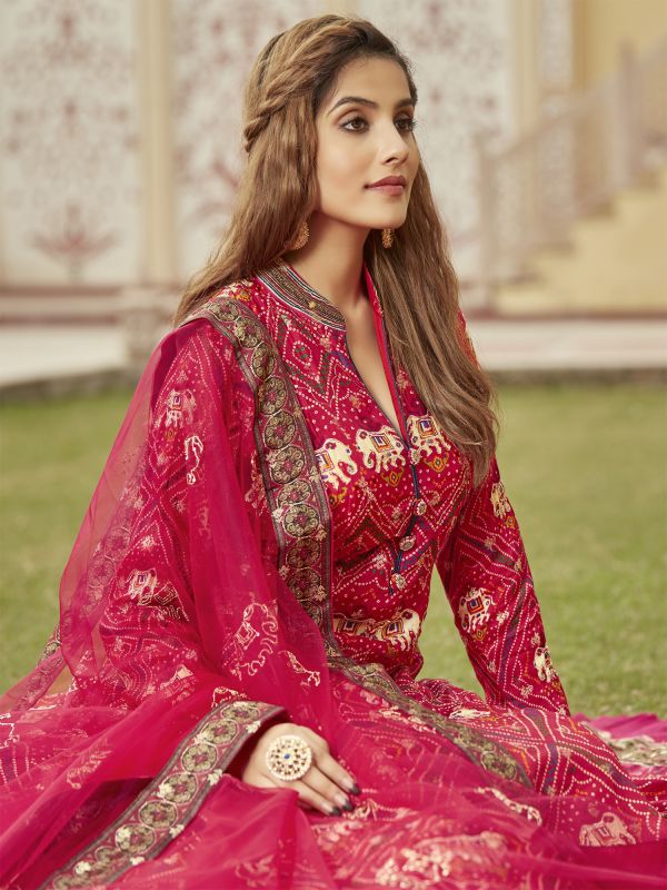 Red Full Sleeved Anarkali Salwar Suit With Dupatta