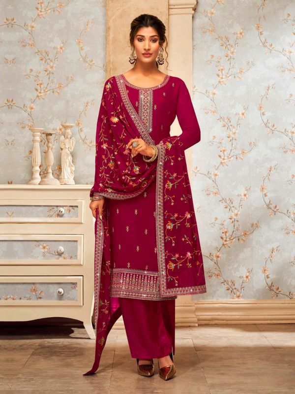 Dark Pink Palazzo Styled Salwar Suit In Goergette