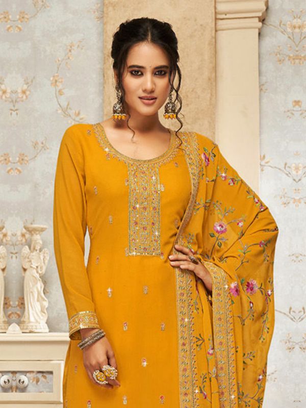 Honey Yellow Thread Embroidered Palazzo Suit