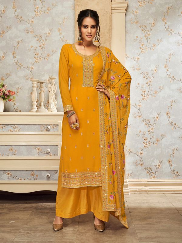 Honey Yellow Thread Embroidered Palazzo Suit