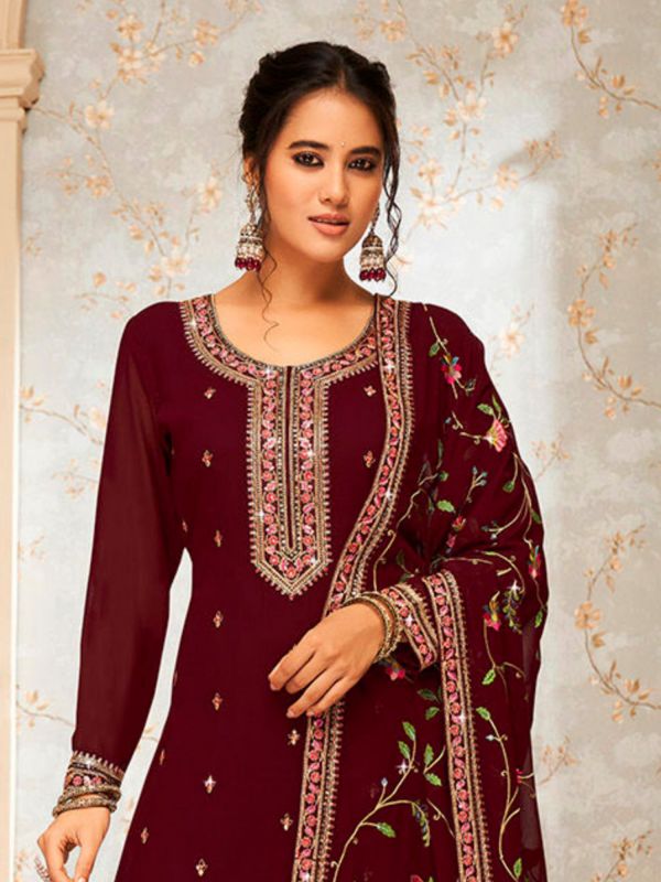 Maroon Festive Palazzo Suit In Georgette With Floral Dupatta