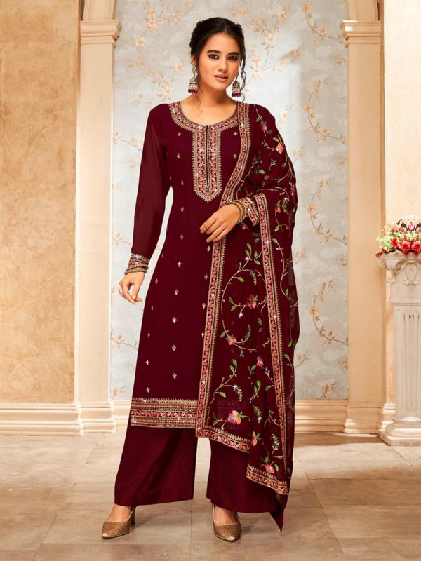 Maroon Festive Palazzo Suit In Georgette With Floral Dupatta