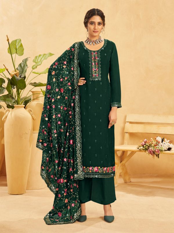 Dark Green Palazzo Style Salwar In Organza With Thread Embroidery