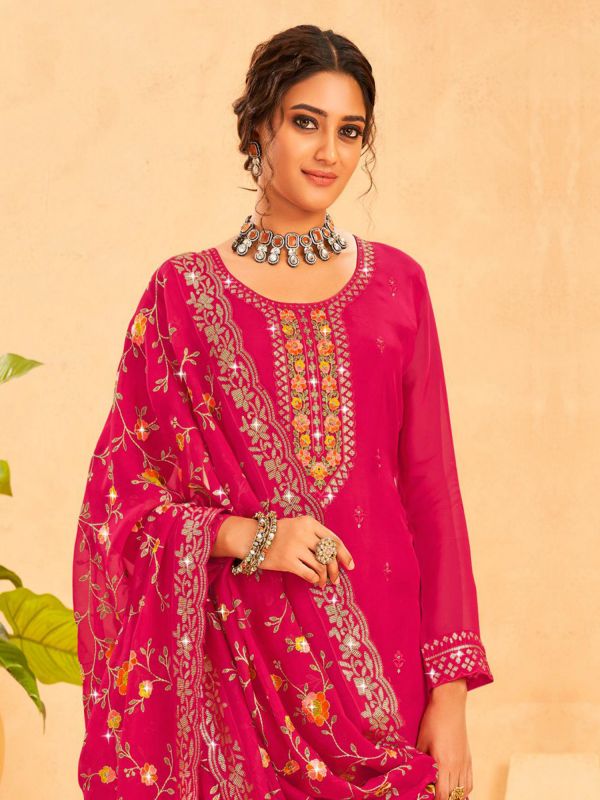 Dark Pink Organza Salwar Suit In Floral Thread Embroidery
