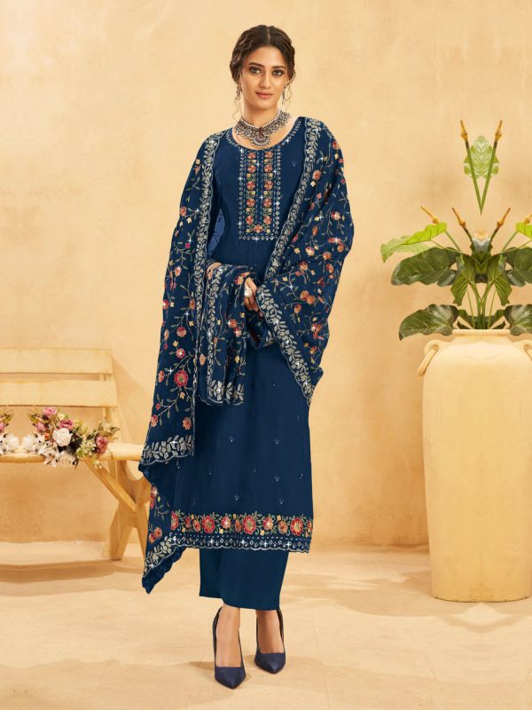 Navy Blue Floral Thread Embellished Palazzo Salwar Suit