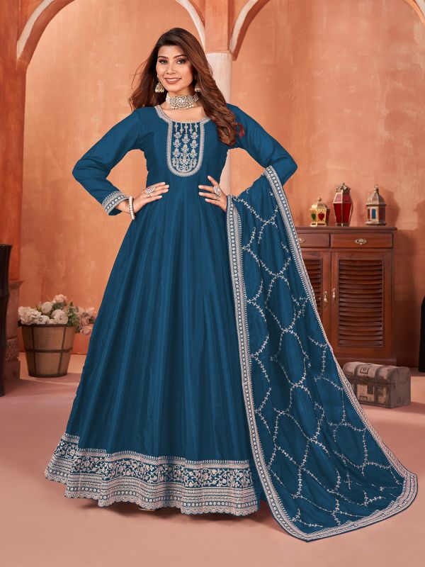 Teal Blue Anarkali Style Kameez In Silk With Thread Work