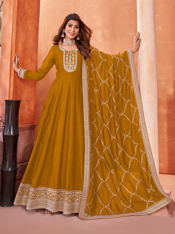 Dark Yellow Art Silk Salwar Kameez In Anarkali Style