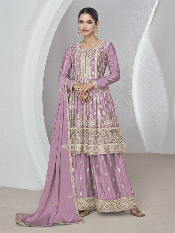 Lilac Flare Style Kameez In Zari Embroidery With Palazzo