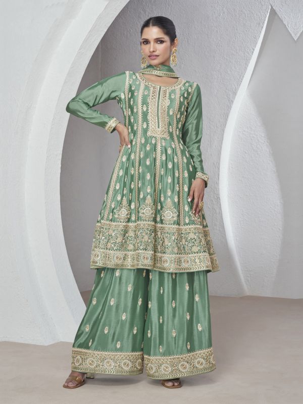 Green Zari Embroidered Palazzo Style Salwar Suit In Chinon Silk