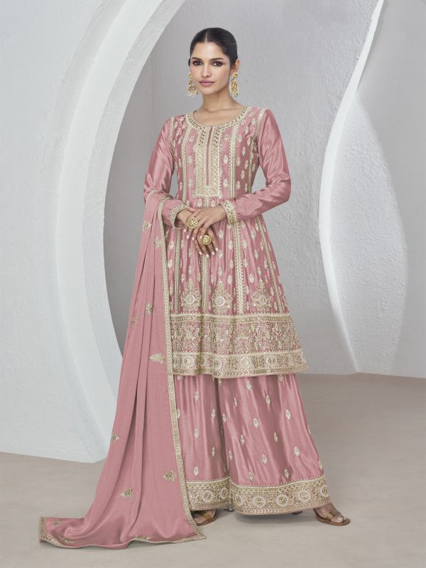 Baby Pink Zari Work Flare Style Kameez In Chinon Silk With Palazzo