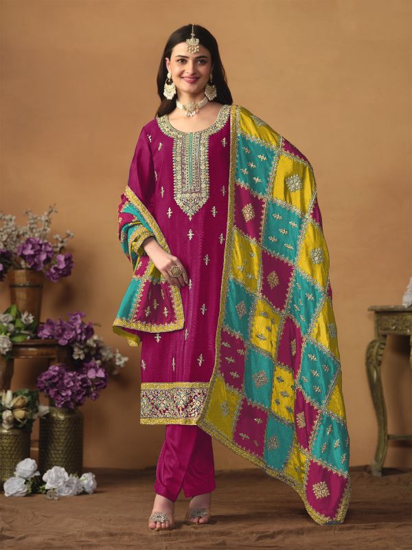 Magenta Pant Style Salwar Kameez With Dupatta