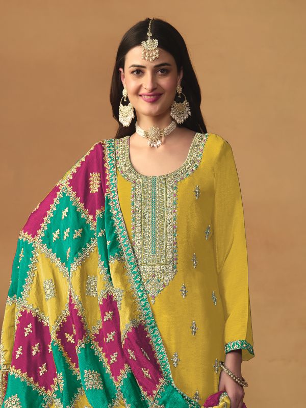 Yellow Silk Pant Style Salwar Suit In Zari Embroidery