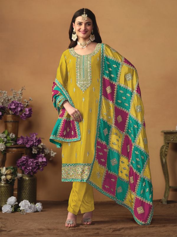 Yellow Silk Pant Style Salwar Suit In Zari Embroidery