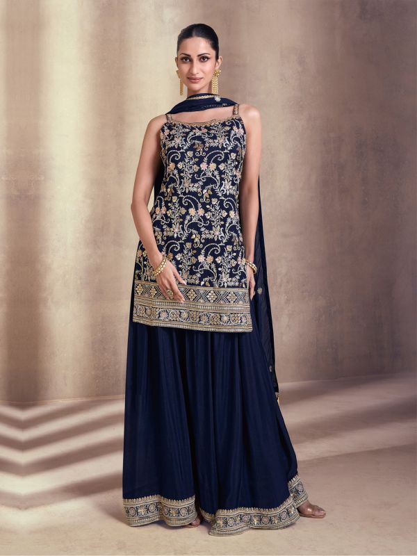 Navy Blue Floral Thread Embroidered Sharara Suit In Georgette