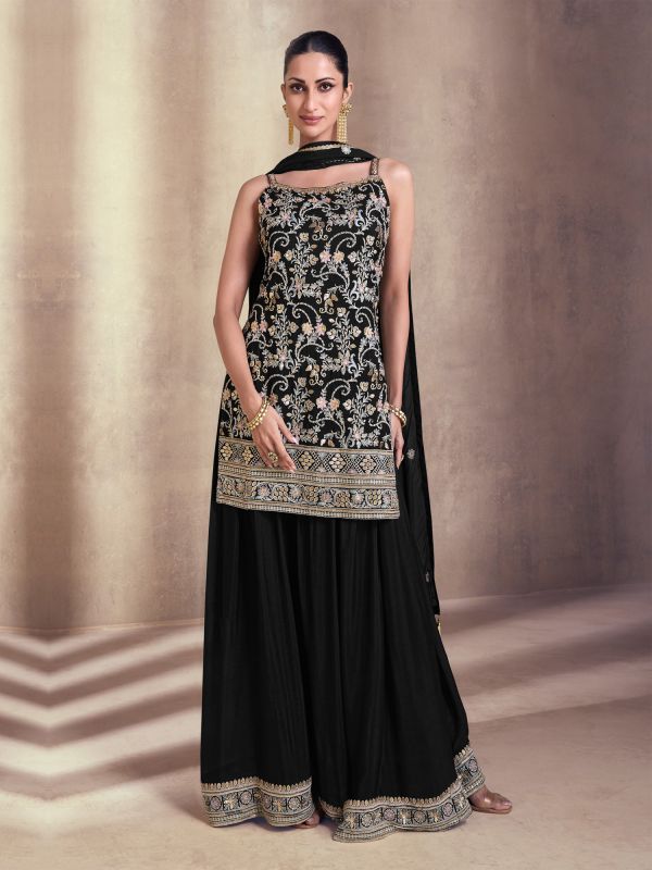 Black Straight Cut Kameez With Sharara In Floral Thread Work