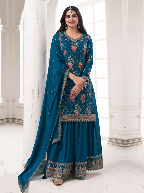 Teal Blue Floral Printed Palazzo Style Salwar Suit In Chinon Silk